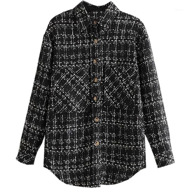 

fashion pocket plaid retro tweed shirt spring and autumn new lapel loose lapel mid-length plaid shirt jacket women office lady1, Black;brown
