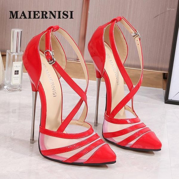 

maiernisi women's shoes roman style gauze cross strap sandals women pointed toe stiletto hollow large size high heels 16 cm1, Black