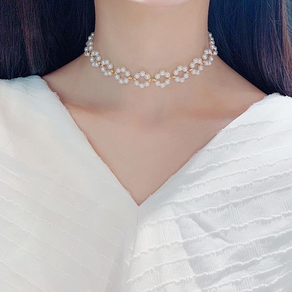 

chokers minimalist ladies flower imitation pearl necklace party choker vintage bohemian fashion women summer jewelry, Golden;silver