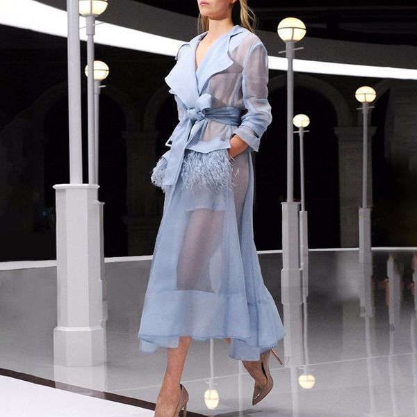 

summer sky blue women korean runway ostrich hair feathers sunscreen elegant organza party two piece sets dress women suits 2019, White;black