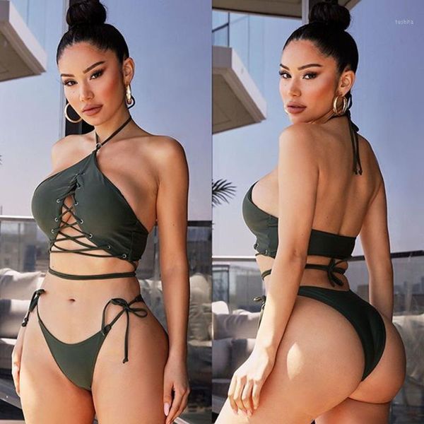 

woman fashion bandage bikini swimsuit thong bikini solid color sling glamour swimsuit with chest pad without steel support1, White;black