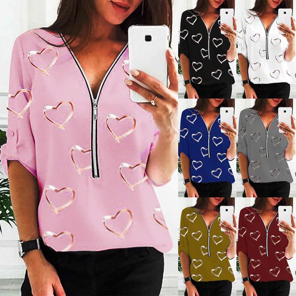 

women fashion print long sleeve v-neck zipper loose base blouse cotton tee cute female casual kg-897, White