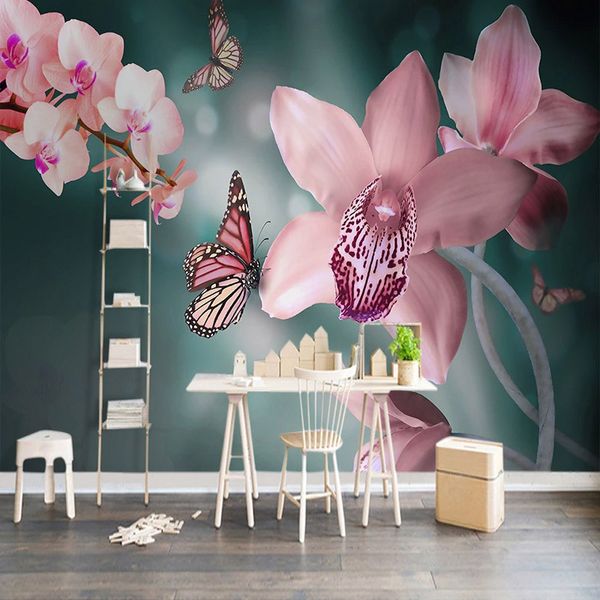 Fundo romântico da flor de borboleta personalizado Wallpaper Photo Modern Moda Decoração Mural Sala Sofa TV Pintura de parede
