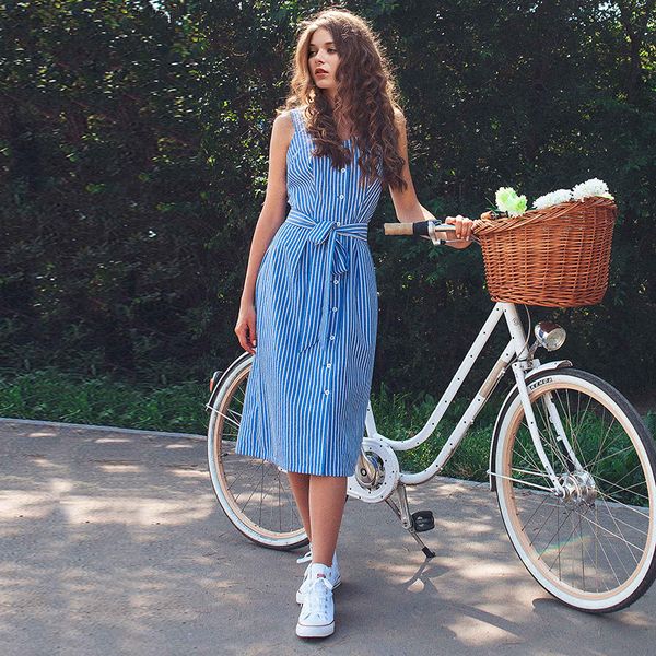 

2021 new classic stripe sleeveless sun women casual robe femme spaghetti strap knee-length summer l5a4, Black;gray