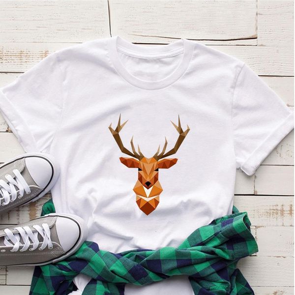 

2021 new trendy tshirt polygonal animals reindeer graphic print tshirt women streetwear loose gorgeous pop crewneck t shirt, White