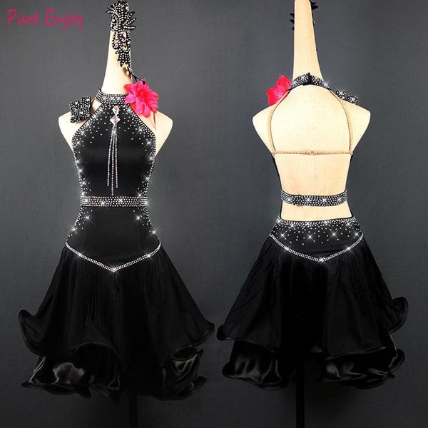 

stage wear custom made latin dance competition performance suit sleeveless tassel dress high-end fishbone skirt, Black;red