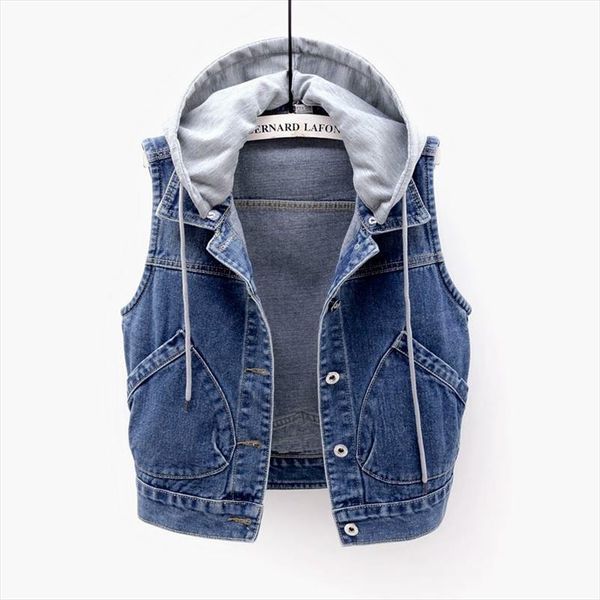 

2021 new denim vest waistcoat women plus size loose wild jeans coats woman hooded short vest jacket female korean slim, Black;white