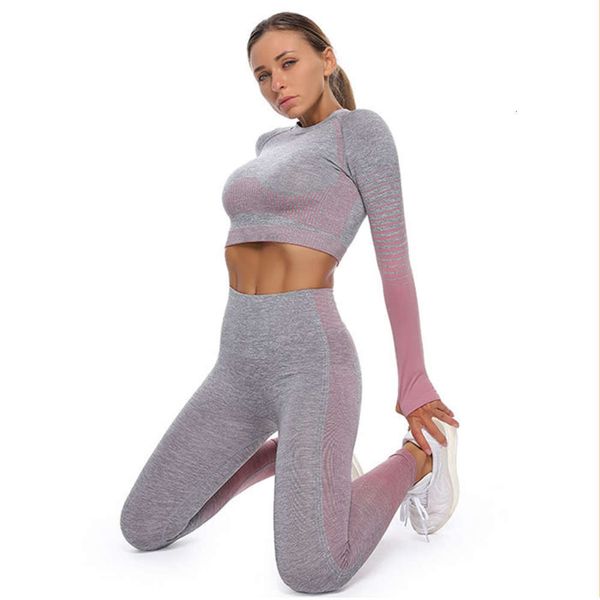 

girl seamless yoga suit gymwear workout clothes long sleeve gym crop high waist leggings women sports tracksuits wear sportwear woman, Gray