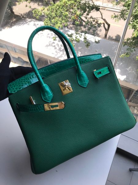 

factory wholesale real crocodile+togo green briikin purse 30cm,fully handmade wax thread,have both gold and silver hardware,fast delivery