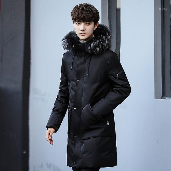 

2020 fashion winter new men mid length jacket hooded loose down padded handsome solid colour thickened padded coat1, Black
