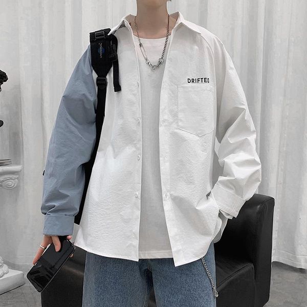 

fashion shirt men long sleeve patchwork novelty leisure shirts mens black streetwear all match harajuku clothes, White;black