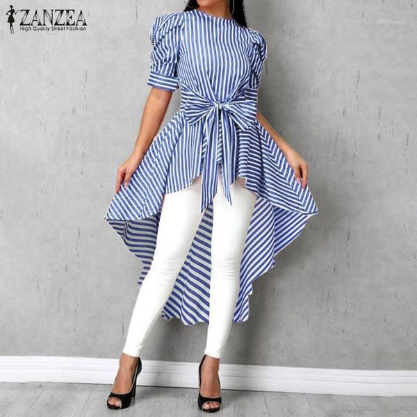 

2020 fashion asymmetrical women's striped blouse zanzea summer puff sleeve shirts female high low bowknot blusas plus size71, White