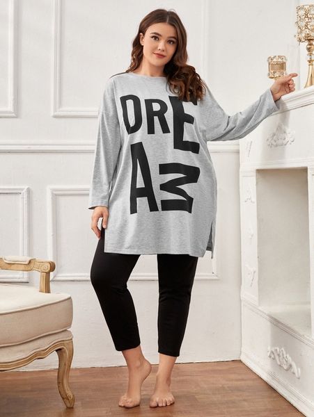 

plus letter graphic drop shoulder split hem pj set u0hk#, Black;white
