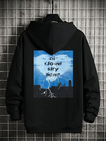 

men lightning & letter graphic kangaroo pocket drawstring hoodie p9ov#, Black