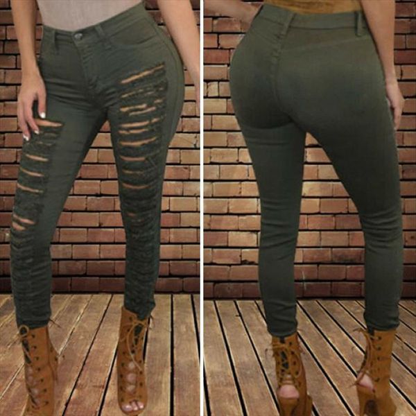 

women destroyed ripped denim jeans skinny hole pants high waist stretch jeans slim pencil trousers black white blue