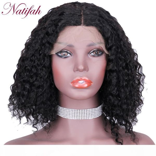 

14inch kinky curly black wigs synthetic hair short lace wigs with pre plucked middle part for black woman
