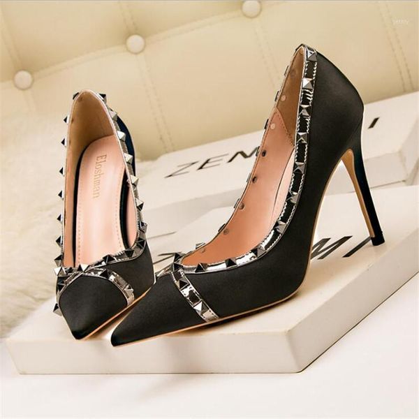 

pumps thin heels shoes wedding party women's ladies fashion rivet satin lady's heel pointed toe thin high heel shoe1, Black