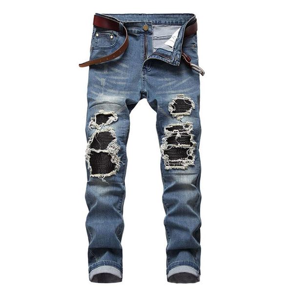 

men's jeans mcikkny men ripped pleated pants knee patchwork stretch denim trousers for male streetwear size 28-42, Blue