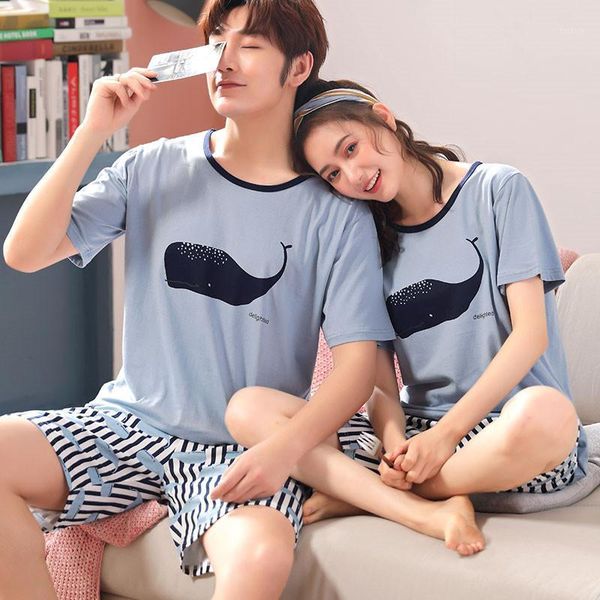 

2020 summer net red couple pajamas men's cotton short-sleeved casual cartoon whale lazy men's home service summer1, Black;brown