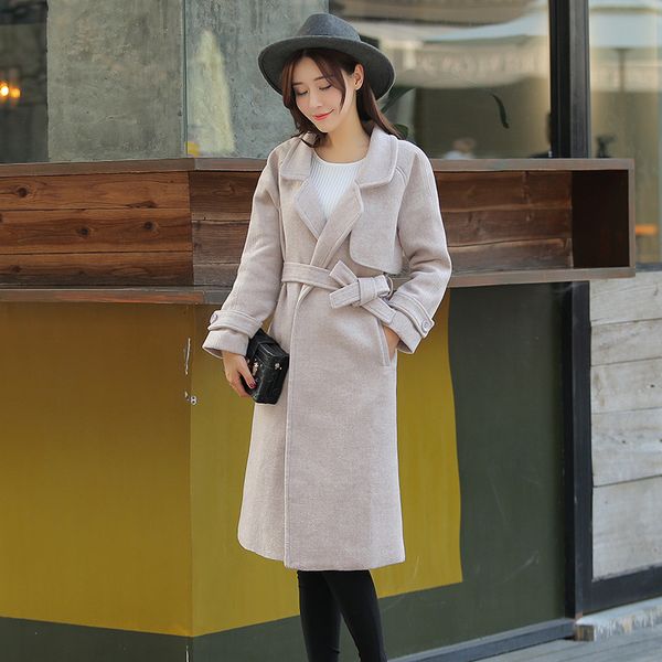 

slim new long wool blend ladies belt full sleeve women's jacket turn-down collar korean womens fashion coat, Black