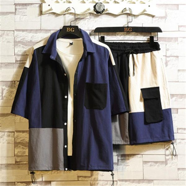 

casual loose plus size short sleeve shirt sets clothing designer male lapel shorts suits man panelled contrast tracksuits fashion summer, Gray