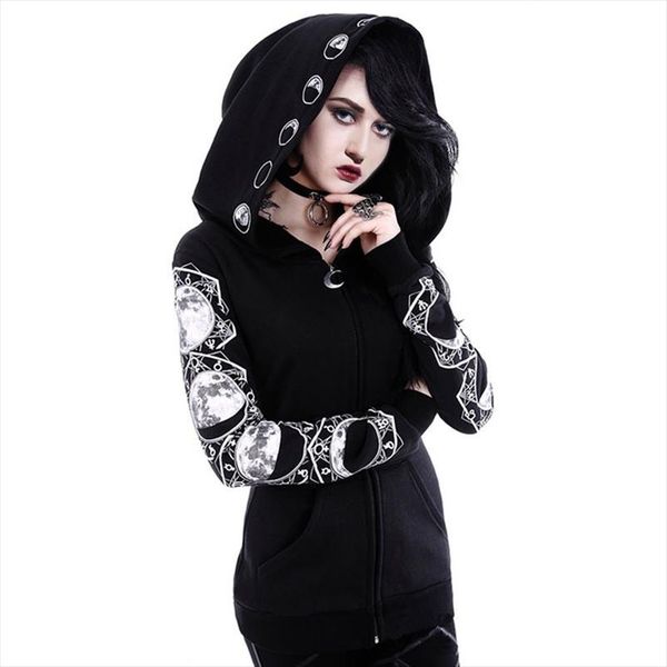 

women hooded zipper casual black hooded pockets letter moon print gothic punk hoodies female dark sweatshirt goth