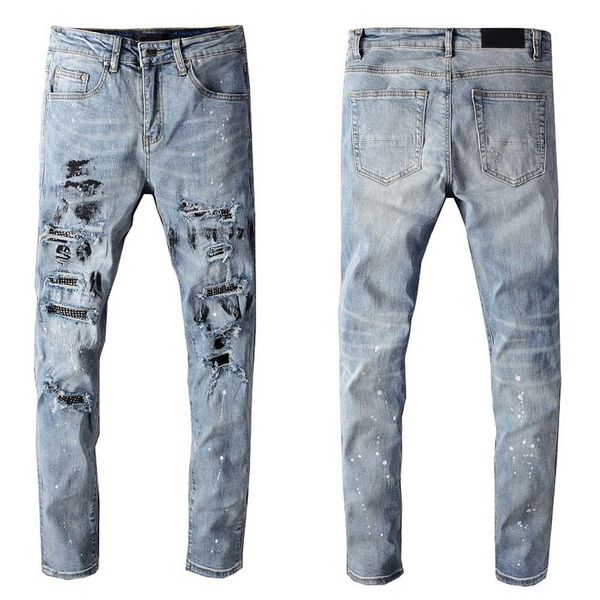 

mens jeans classic hip hop pants stylist jeans distressed ripped biker jean slim fit motorcycle denim jeans ly10, Blue