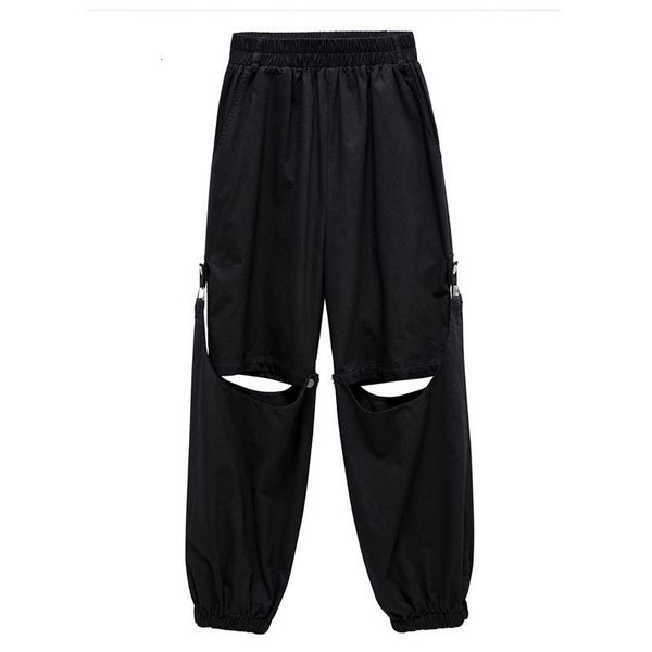 

new fashion: 2021 hole removable cargo ways wear female pants, high waist, loose pants. ggqi, Black;white