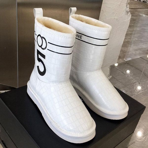 

2020 woman snow boots women winter shoes brand fashion warm genuine leather wool mid calf winter boots women, Black