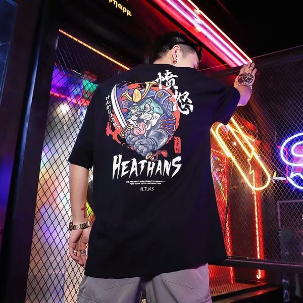 

guochao ukiyo painting angry short men loose couple personality street half sleeve fashion brand t-shirt women, White;black