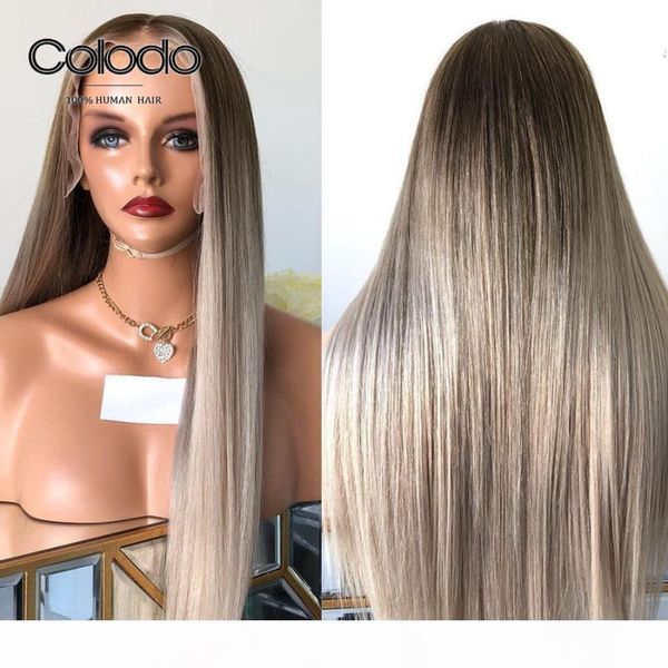 

colodo brazilian remy hair preplucked ash blonde lace front wig with baby hair ombre straight human wigs for black women, Black;brown