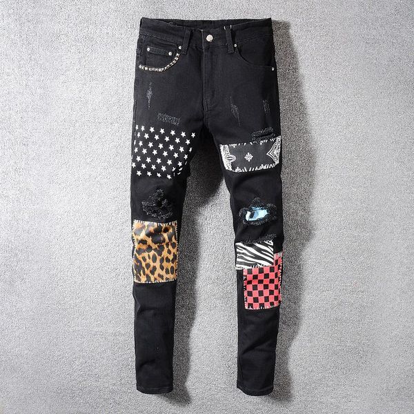 

fashion streetwear men jeans black elastic ripped jeans men rivets pocket printed pants patchwork designer hip hop slim, Blue