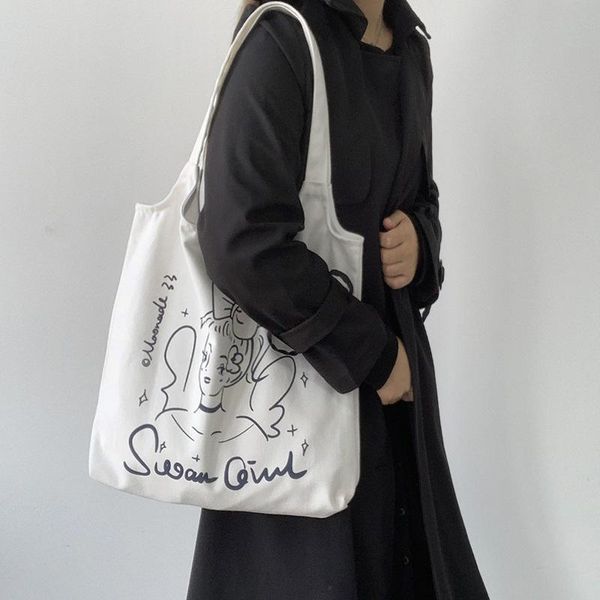 

shoulder bags japanese tote shopping bag for lady 2021 literary cartoon canvas women students cotton cloth eco shopper