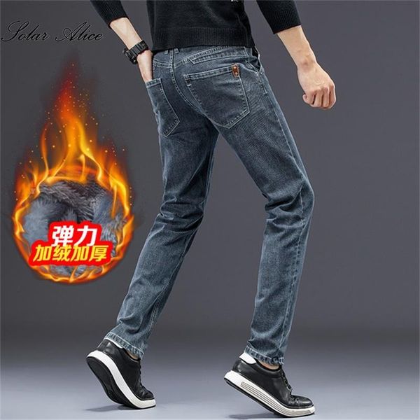 

свободная перевозка груза 2020 мужской зима новой середины талия плюс бархат утолщенной прямые джинсы стрейч slim бизнес случайных брюки син, Blue