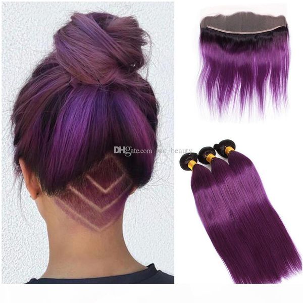 

malaysian virgin human hair weaves with 13x4 closure two tone 1b purple straight hair with frontal straight lace frontal with bundles, Black