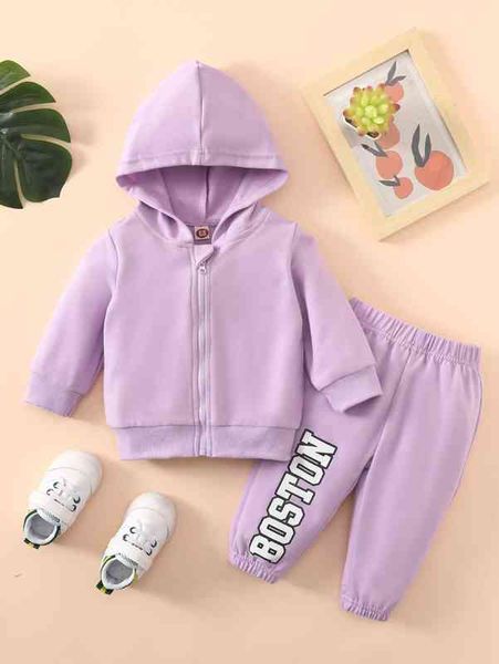 

baby zip up hoodie & letter graphic sweatpants she, White