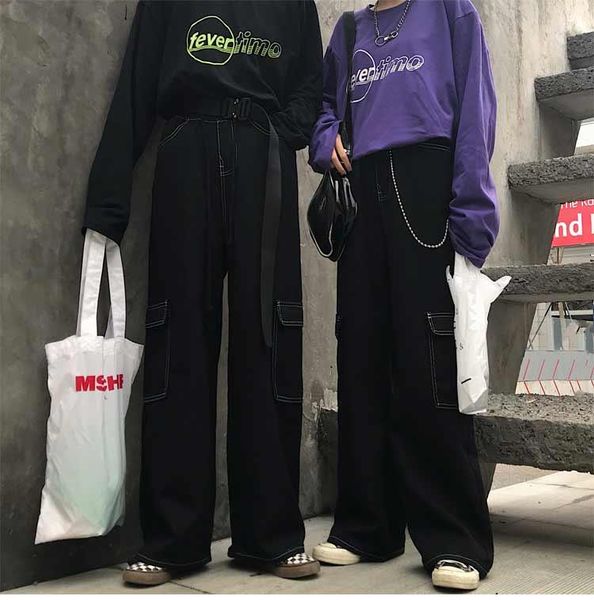 

straight jogger hip hop pant streetwear harajuku 2021 waist plus size woman man embroidery stripe side pocket black cargo, Black;white