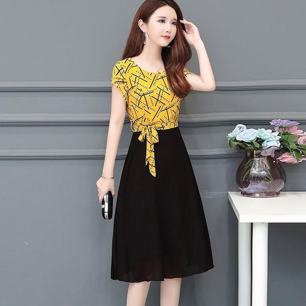 

slim plus size summer dress fashion summer elegant women dress office lady casual lace up patchwork print a line midi letter dress, Black;gray
