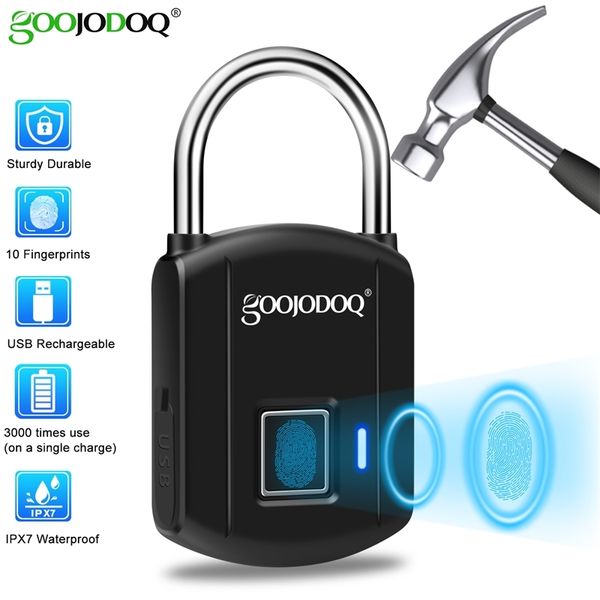 Goojodoq Smart Fingerabdruck-Schloss USB-Ladung Vorhängeschloß-Metallsicherheits-Schlüssellos-wiederaufladbare elektrische Türschloss für Rucksack-Gepäck Y200407