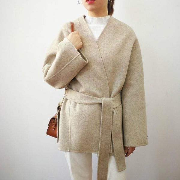 

women's wool & blends autumn 2021 korean fashion high end double sided woolen loose long lacing belt warm cashmere suit coat, Black