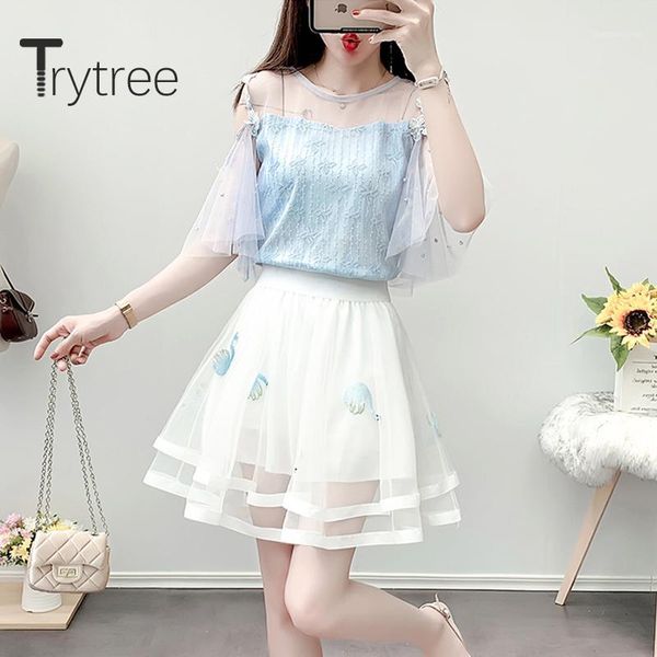 

trytree 2020 summer women two piece set casual o-neck patchwork lace mesh + skirt a-line fashion temperament 2 piece set1, Gray