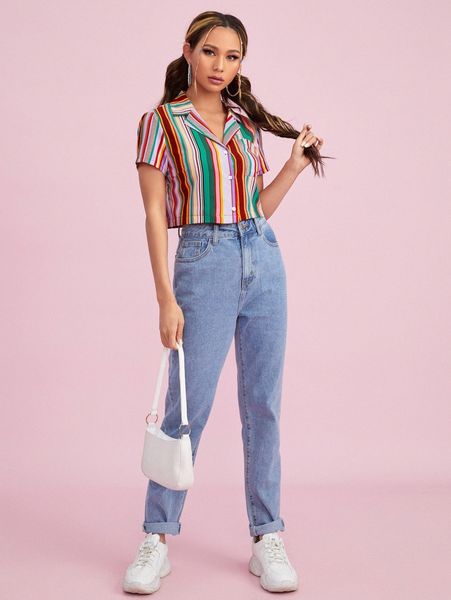 

colorful striped print blouse g6x1#, White