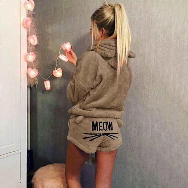 

women coral velvet suit two piece set 2021 autumn winter tracksuit warm outfits cute cat meow pattern hoodie shorts set 2021 new, Gray