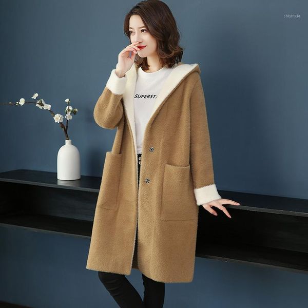 

2xl brand coat 2020 autumn winter women coat new solid color hooded thicken warm loose wild casual long female1, Black