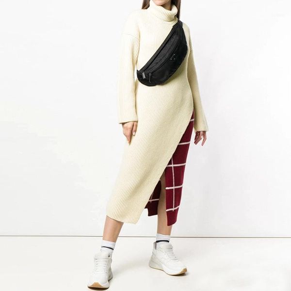 

casual long design turtleneck women irregular sweater long sleeve knitted fashion slit sweater1, White;black