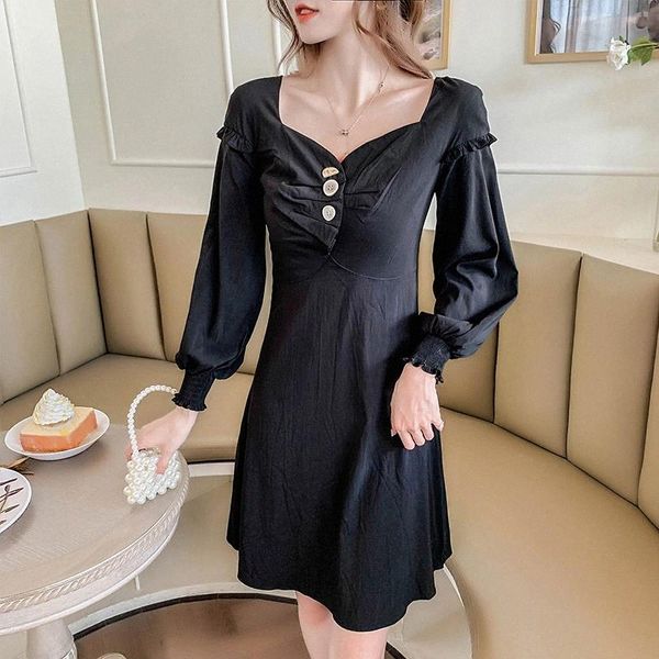 

new age-reducing long-sleeved skirt, early autumn dress, new waist, thinner, lantern sleeves, square collar, fairy hepburn skirt #oi4m, Black;gray