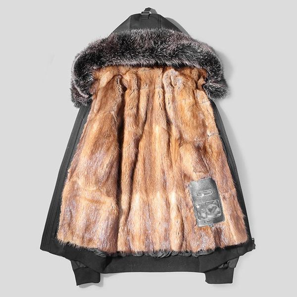 

men's leather & faux coat winter natural mink liner parka men real raccoon fur collar warm jacket parkas l18-6603 my1862, Black