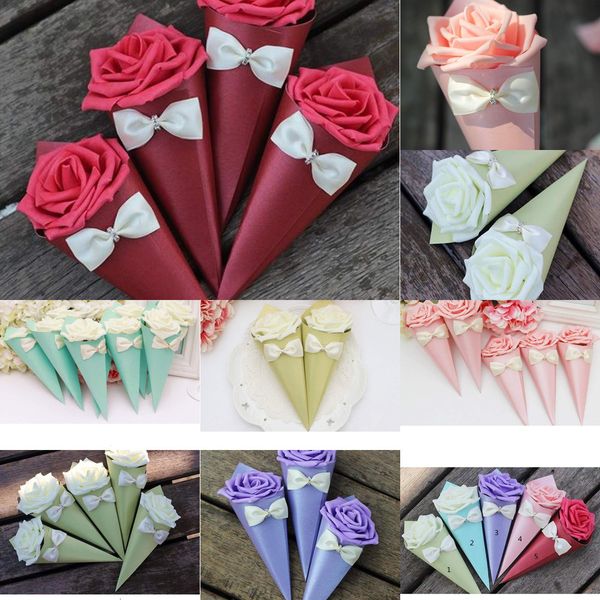 

flowers rose paper cone shape bowknot diamond various color candies boxes wedding table decor party gift box 5 nnjh2