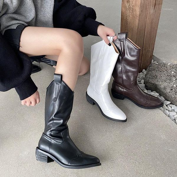 

2020 new ins women white block high heels mid calf boots lady riding cowboy boots winter designer thigh high western shoes1, Black