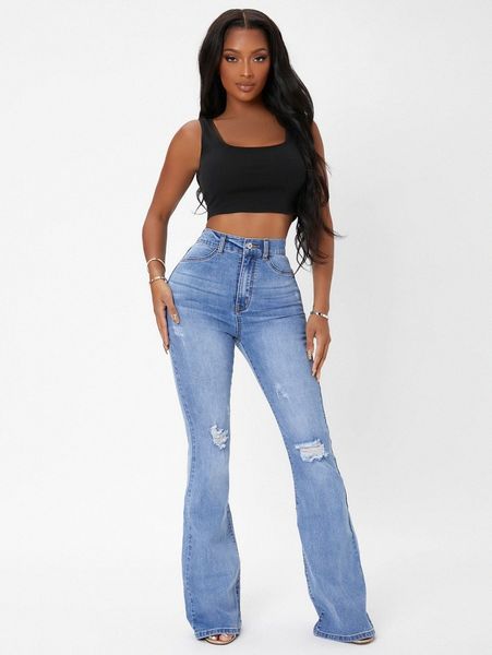 

sxy high waist ripped flared leg jeans z7tw#, Blue